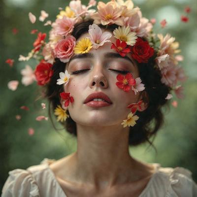 The primary subject of the image is a woman with a flower crown on her head. She is wearing a white dress and has a pink flower in her hair. The setting is a forest, with trees visible in the background. The visual style is a digital art, creating a whimsical and dreamy atmosphere. The dominant colors are pink, white, and green, with the pink flower adding a pop of color to the scene.